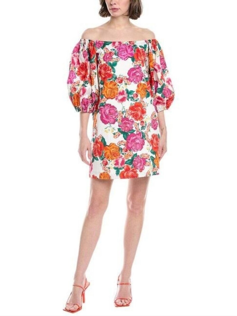 Floral Off-Shoulder Puff Sleeve Dress - White w Pink & Orange Roses Rosa Medium